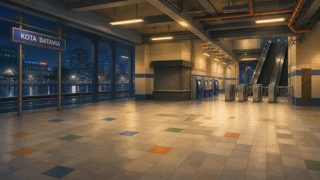 The concourse under Kota Batavia station at night: gate arms, a shuttered kiosk, escalators, and colour under the floor tiles