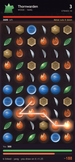 A six-tile fire link drawn in one stroke across the board